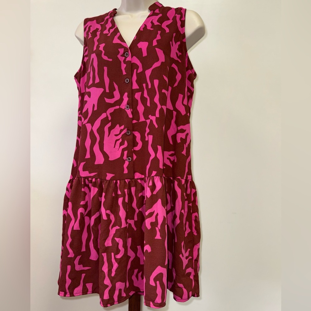 Nine West (Small) Burgundy & Pink Pattern Button Up Sleeveless Midi Dress